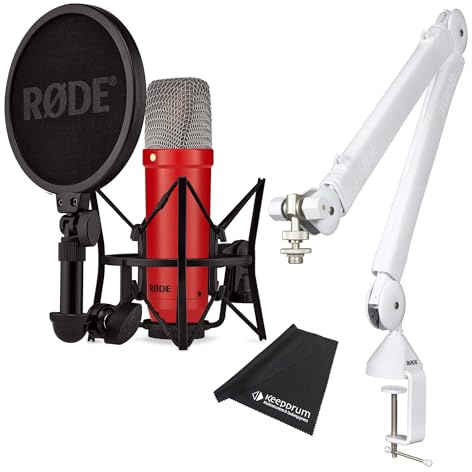 Rode NT1 Signature Red Studio-Mikrofon Rot + PSA1 W Plus Gelenkarm-Stativ White + keepdrum Mikrofasertuch