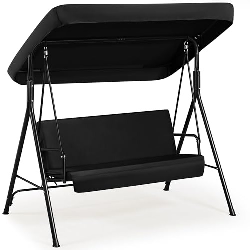 Yaheetech Columpio con Dosel Balancín de Jardín Exterior de 3 Plazas con Cojín Extraíble y Toldo Ajustable en Ángulo Impermeable Carga Máx.250kg Negro