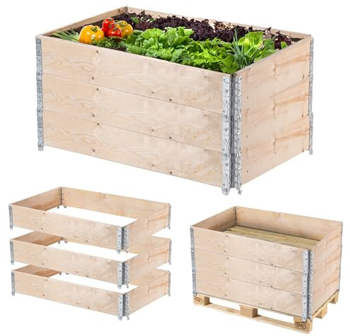 KADAX Marco de madera para palés apilable, marco de madera para jardín, bancal alto, jardinera, jardinera, bancal de verduras, bancal de hierbas (juego de 3 unidades de 120 x 80 x 22,5 cm)