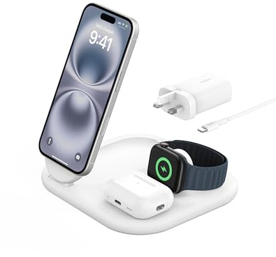 Belkin BoostCharge 3-in-1 Magnetic Foldable Charger with Qi2 15W, MagSafe Compatible Fast Charger for iPhone 17, Air, 16, Pixelsnap, Apple Watch, AirPods with Non-Slip Base, PSU Included - White