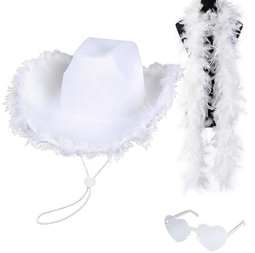 Haayymo Novelty Cowboy Hat with Feathers White, Felt Cowgirl Hat for Party Costume Dress Up(White)