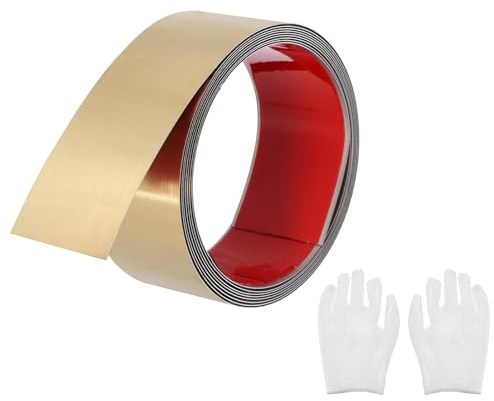 QUARKZMAN Baguette de Moulure Murale Auto-Adhésive en Acier Inoxydable, Finition Dorée Brossée à Coller, avec Gants, Moulure Décorative pour Miroir Mural, 2 Pouces x 9,8 Pieds