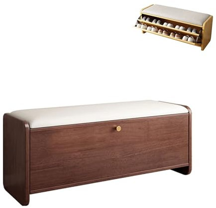 Banco zapatero de entrada con organizador de almacenamiento de zapatos y asiento de cojín, color nogal, ideal para puerta delantera, entrada, pasillo, dormitorio, sala de estar, extremo de cama,