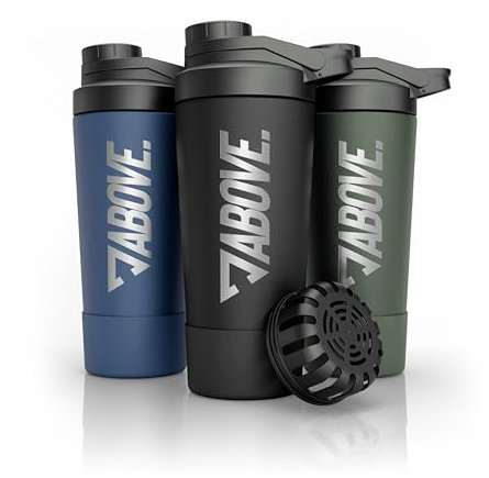 ABOVE. Shaker Proteinas Acero Inoxidable 750ml – BPA-Free y Termico: Mantiene Bebidas Frias 12H – Escala Grabada & Tapa 100% Antigoteo – Robusto y Duradero – Apto Lavavajillas hasta 45°C (Negro)