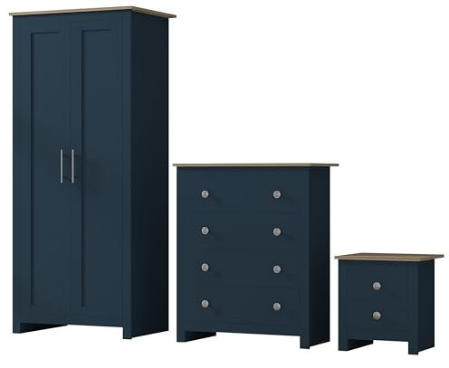 Nera 3 Piece Bedroom Furniture Set Wardrobe 4 Drawer Chest and Bedside Cabinet Bedroom Storage (Navy on Oak)