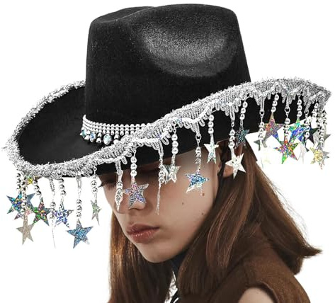 Generisch Cowboyhüte für Frauen westlich, funkelnde Cowgirl -Hüte,Glitzer Cowboyhut | Glitzernde Kopfbedeckung mit fünffachen Star Quasten für Frauen Maskerade-Event