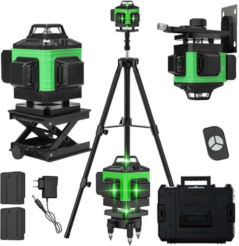 4 x 360° Laser Level, 4D 16Line Green Lazer Level, Self-Leveling 360 Lasers Levels, Horizontal & Vertical Laser, Remote Control, Rechargeable Battery 2 * 2600 MAh (with Tripod and case)