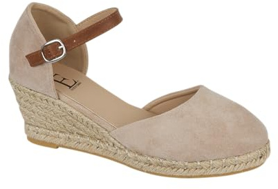Shoes By Emma Women's Faux Suede Peep Toe Elasticated Slingback Hessian Espadrille Wedge Sandals (Beige, UK Footwear Size System, Adult, Women, Numeric, Medium, 5)