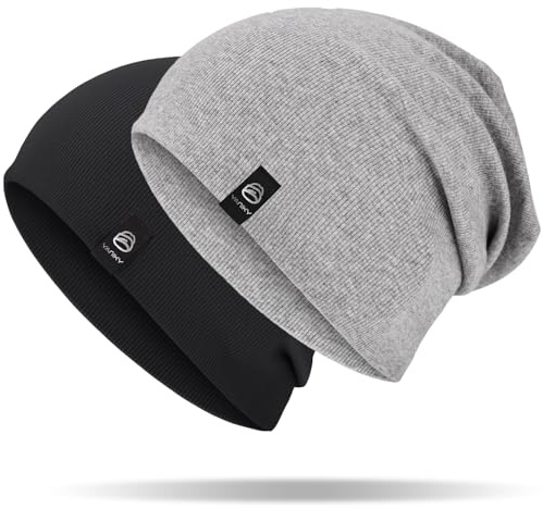 YANIKY Dammössa, lätt beanie mössa herr, bomull mjuk bekväm tunn mössa, unisex slouch beanie lång beanie för alla årstider, Svartgrå, one size