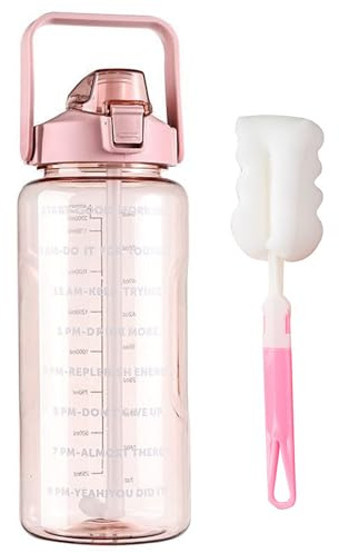 2L Water Bottle with Straw,Clear Leakproof Sports Bottle with Time Markings,Portable Handle Drink Bottles,Heat Resistant Motivational Jug for Gym Hiking Ensure Drinking Throughout The Day (Pink)