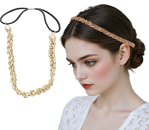 Nzexlyva Gold Headband for Women, Sparkly Headpiece with 70s Vibe, Festival Hair Accessories Jewelry, Adjustable Head Chain Festival for Prom Bride and Bridesmaids Fascinators for Weddings Party
