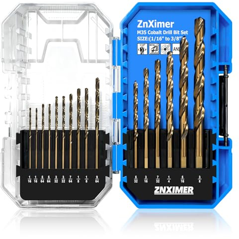 Cobalt Drill Bit Set, ZNXIMER Metal Drill Bit Set for Steel, Hardened Metal, Stainless Steel, 16PCS Drill Bits 1/16 to 3/8 with Index Storage Case