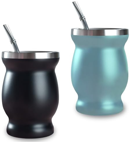 WIYETY Juego de 2 tazas de mate, juego de taza de té mate con cuchara y cepillo de limpieza, juego de té Yerba Mate de doble pared, aislado de acero inoxidable para oficina, coche y viajes, negro y