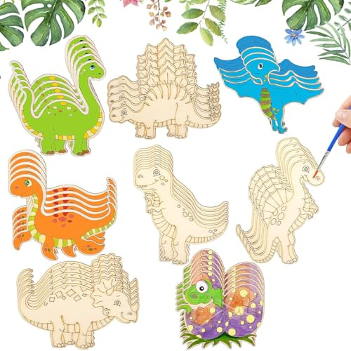 HSYTEK 40 Stück Holzanhänger zum Bemalen, Blanko Dinosaurier Holzscheiben, Dinosaurier Bastelset, Dino zum Anmalen mit Loch und Schnur für Kinder Erwachsene DIY Basteln Dekor (8 Arten Dinosauriern)