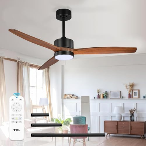 TCL Ceiling Fans with Light and Remote: 52 inch 3 Blades Dimmable LED Fan for Room Indoor Modern Farmhouse Decor - 6 Speed DC Reversible Wooden Fan Lights for Summer and Winter (Walnut, 52 Inch)
