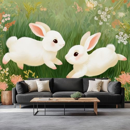 Prato Ad Acquerello Coniglio Margherite Carta da Parati In Tessuti non Tessuti 350 x 256 cm Murali, Verde Fotomurale Murale Soggiorno Camera da Letto Cameretta Dei Bambini Decorazione