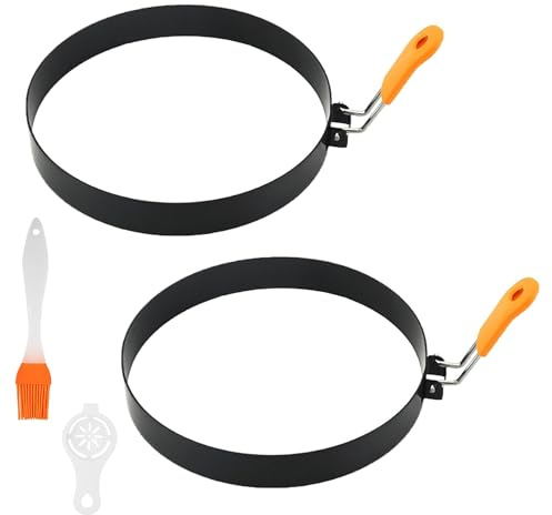 2 anillos de huevo frito, moldes para freír huevos fritos de 8 pulgadas con cepillo de silicona y separador de claras de huevo, molde antiadherente de acero inoxidable para panqueques con mango