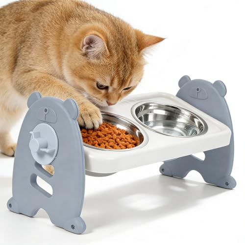 PRITOK Elevated Dog Bowls: Dog Feeding Station with 2 Stainless Steel Bowls 12cm, 3-Level Adjustable Raised Dog Bowl, Adjustable Dogs Bowls With Stand, for Cats and Small Dogs (22x 37cm, 17cm High)
