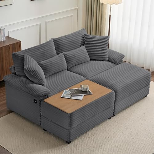 KEIKI Double Lounge Chaise Indoor with Reversible Storage Ottoman/Table, USB Port & Pillow, Corduroy Upholstered Sofa Couch Bed Sleeper Loveseat Chair Lounger for Living Room Bedroom Reading