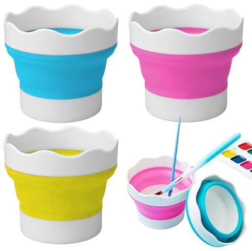 Paint Brush Washer, 3 Pcs Foldable Water Pot for Painting, Silicone Paint Water Pot, Suitable for Watercolour, Acrylic and Oil Painting (Blue/Pink/Yellow)