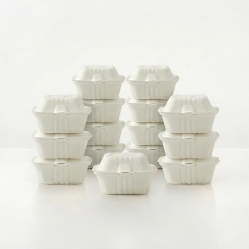 BEGREEN Compostable Clamshell Takeaway Boxes 6”x6” | 100 Pack Hinged Bagasse Burger Boxes | BPI Certified & PFAS-Free | Eco-Friendly Disposable Food Containers for Restaurants, Cafes & Events