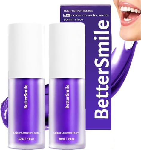 V34, correzione del colore, sbiancamento dei denti viola, rimozione delle macchie, sbiancamento dei denti, dentifricio viola, dentifricio bianco, toothpasta, correttore colore dentale per denti gialli