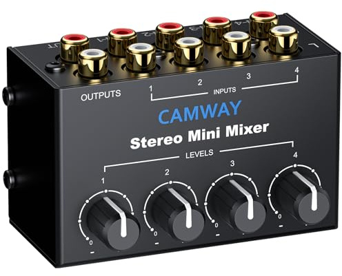 CAMWAY Mixer Passivo 4 Canali,Mini Mixer Audio Stereo Non Alimentato con 4 Ingressi RCA,Controllo Volume Separato Connettori Dorati per Amplificatori Ingressi Audio per DVD/Altoparlanti/Soundbar
