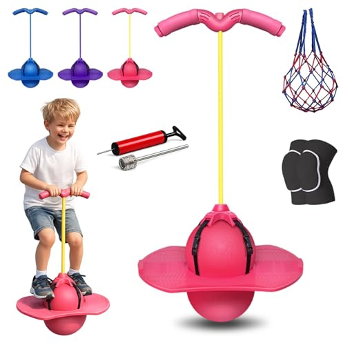 Liocwocne Pogo-Sprungball für Kinder und Erwachsene, Jump Joy Balance Kinder, Verdickter Pogo Ball mit Griff, 300 kg Tragfähigkeit Hüpfball inkl. Pumpe für Gleichgewichtstraining (Rosa)