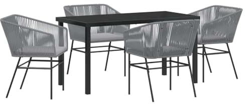 Foknhdi 5tlg Gartenmöbel-Set: 80 cm Tisch mit Sicherheitsglasplatte, 4 Stühle aus pulverbeschichtetem Stahl, grau, modern, langlebig, platzsparend