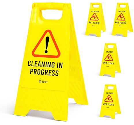 Berry Cartello di avvertimento per pavimento con scritta Caution Wet Floor, colore giallo, con scritta Cleaning in Progress, pieghevole, 2 in 1, double-face, autoportante, per negozi, hotel