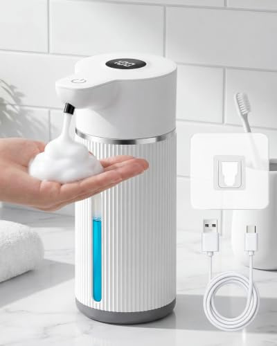 Molxss Seifenspender Automatisch 420 ml, Schaumseifenspender mit Sensor, Wandmontage, Digitalanzeige, 4 Dosierstufen, IPX5 Wasserdicht, Schaumspender für Bad, Küche und Dusche (Weiß)