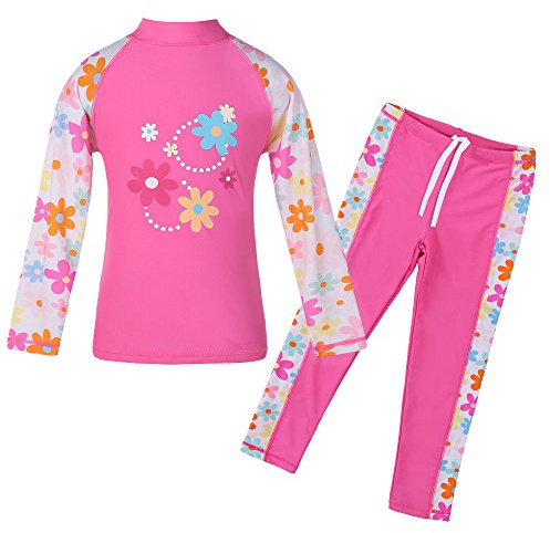 TFJH E Girls Swimsuit UPF 50+ Two Piece Long Sleeve Top Pant Set HotPink Long 8A