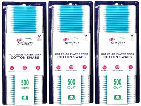 Swisspers Hot Color Cotton Swabs, 100% Cotton, Color Plastic Sticks, 500 per Pack (Color May Vary) - 3 Pack