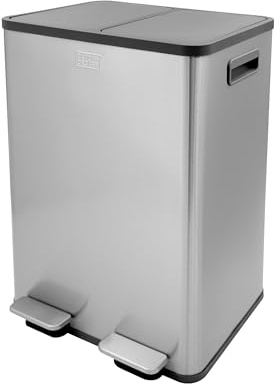BLACK+DECKER Poubelle de tri sélectif Duo BXBN0003GB de 40 litres avec Fermeture Douce, Fabrication en Acier Inoxydable, 60 cm x 39,5 cm x 34 cm, Gris Froid