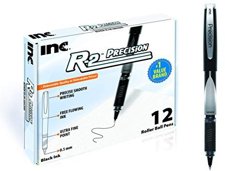 Inc. R2 Precision Rollerball Pens - 0.5 mm Ultra Fine-Point Pen Set With Comfort Grip for School, Office, Writing, and Journaling, 12 Pack, Black Ink