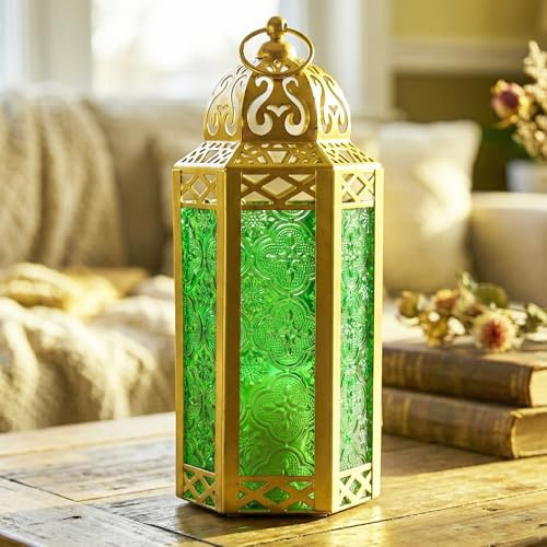 Goldene marokkanische Kerzenlaterne, dekorative Kerzenhalterlampe für Tisch oder zum Aufhängen, Ramadan, Terrasse oder Veranda im Freien, Hochzeiten, grünes Glas, mittelgroß