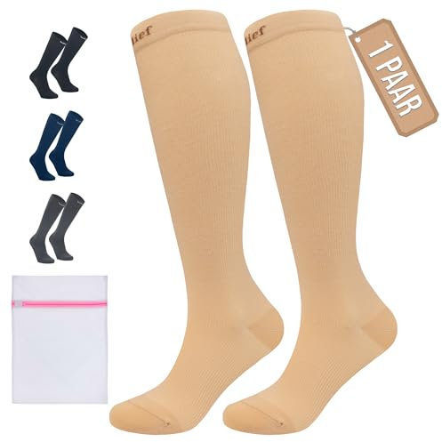 360 Relief Kompressionsstrümpfe Damen und Herren - 1 Paar Kompressionssocken Einfarbig für Sport, Laufen, Flug, Reise, Joggen, Radsport, kniestrümpfe, L/XL Beige mit Wäschenetz