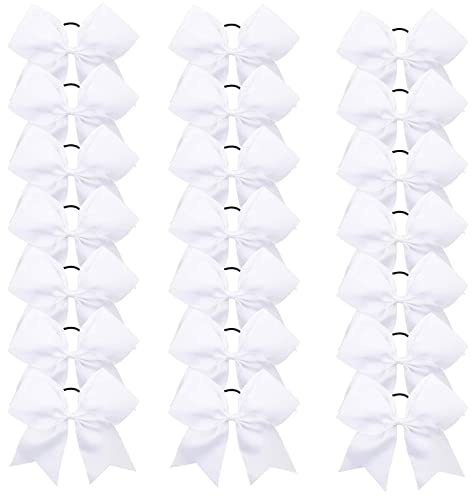 Oaoleer 21PCS 8 Large Cheer Bows White Bows Jumbo Cheerleader Bow with Ponytail Holder Elastic Band Handmade for Cheerleading Teen Girls College Sports