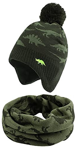 XIAOHAWANG Baby Strickmütze Winter Babymütze Junge Warme Kindermütze Junge Beanie Mütze Dicke Wintermütze für Herbst,Winter (Grün Dinosaurier(Hut+Schal), 2-4Jahren)