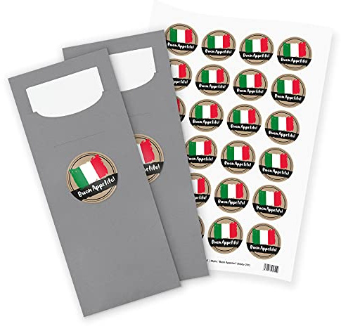 itenga 24x Bestecktaschen GRAU Buon Appetito italienisch Pochetten inkl. Serviette und Sticker Aufkleber Tischdeko Einweggeschirr