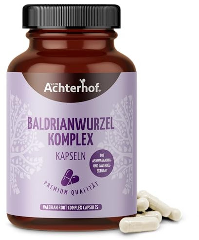 Baldrianwurzel Komplex 120 Kapseln | Komplex aus Baldrian, Ashwagandha, Lavendel und Passionsblume | Baldrianwurzelpulver | mit essenzieller Aminosäure L-Tryptophan | vegan | vom Achterhof