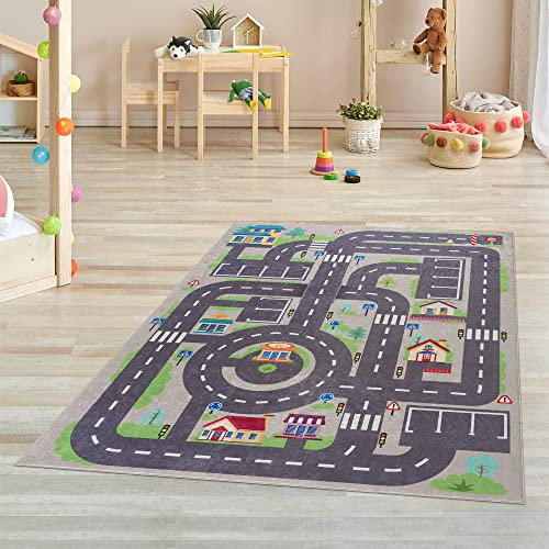 Pasha Home Kinder-Innenmatte aus Weichem Chenille-Stoff – rutschfest und Fleckenbeständig – Spielmatte mit Straßenmuster, 160x230 cm