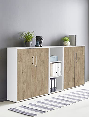 Schrankwand Office Edition abschliessbarer Aktenschrank Büroschrank Büromöbel Regal in Weiß/Gold Harbor Oak (Set 8)
