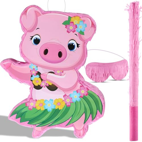 Piccolo maiale Pinata Hawaii Party Decorazione Rosa Maiale Pinata con benda, coriandoli per bambini Estate Hawaii Aloha Temi Tropicali Accessori per feste di compleanno, 16,5 x 12,4 x 3,1 pollici
