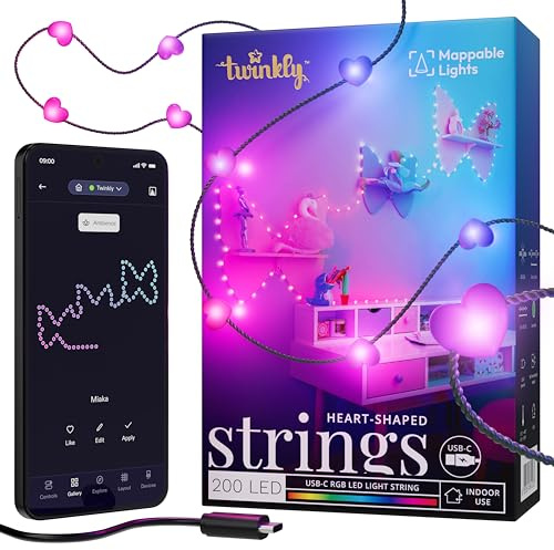 Twinkly Strings USB-C Heart 200 LED, Heart-Shaped LED Light String, Christmas Lights, RGB Multicolor LED Lights, Mappable LEDs, Compatible with Alexa, Google Home, USB-C Power, Green Wire, 12m