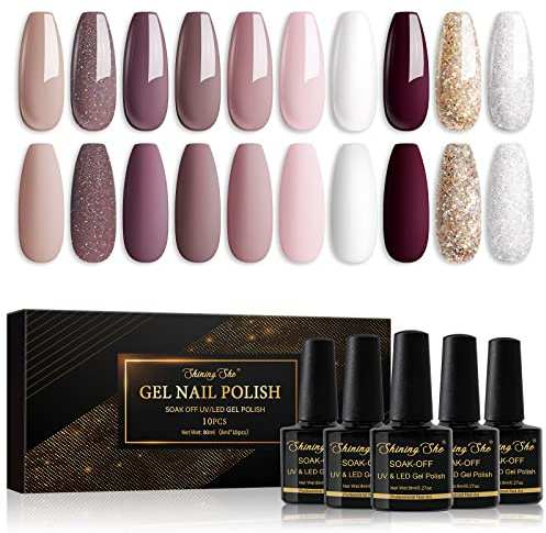 Shiniing She Vernis Semi Permanent, 10 Couleurs Nu Rose Blanc Brun Paillettes Vernis à Ongles Gel Soak Off UV/LED Semi-permanent Manucure Kit Pour Salon De Manucure DIY Home, 8ml