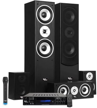 Evidence Acoustics Home-Cinéma 5.1, 5 Enceintes 850W - Amplificateur EA-7360, USB SD Bluetooth Radio, Microphone VHF Karaoké