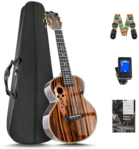 Caramel CAG94 Glossy Black Ebony 23 Concert Ukulele for Beginner | Handmade Ukelele Starter Kit