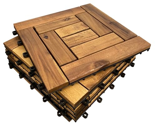 CLICK-DECK 10 Slat Hardwood Decking Tiles | Patio, Balcony, Concrete, Hot Tub Deck Tiles | 30x30cm Square Connect Flooring | Easy Installation | Great Drainage (36x Hardwood Tiles)