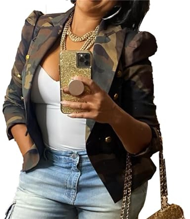 Ptorlio Womens Casual Cropped Camo Jacket Blazers Button Down Long Sleeve Camouflage Jackets Coat Outerwear with Pockets